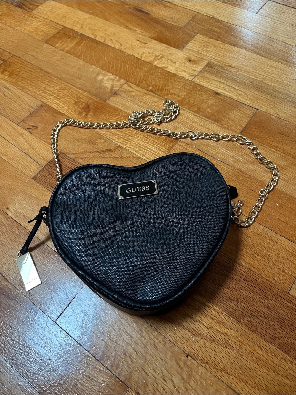 GUESS Black Heart Crossbody with Gold Chain Detail